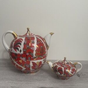 Lomonosov Imperial Porcelain Large & Small‎ Teapot Red Gold Folk Horse Rooster